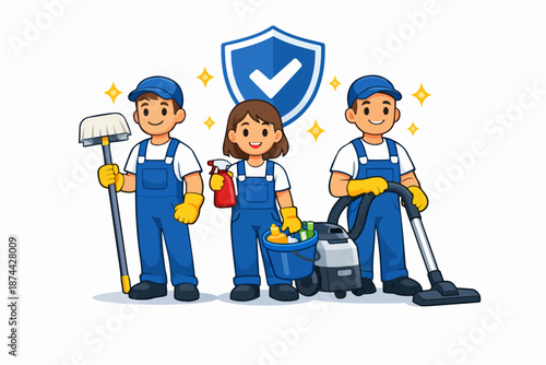 Illustration of three cartoon cleaners in blue uniforms with cleaning tools.