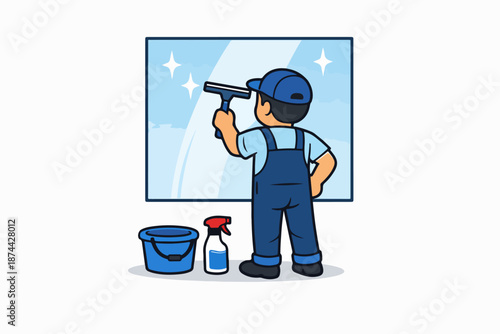 Illustration of a window cleaner in blue overalls cleaning a window with a squeegee.