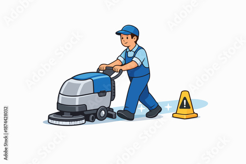 Illustration of a janitor using a floor cleaning machine with a caution sign.