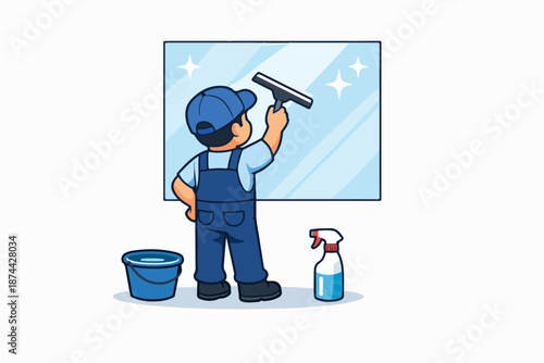 Illustration of a window cleaner in uniform using a squeegee on a glass pane.