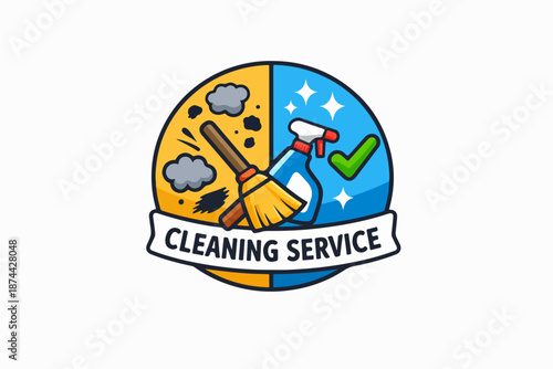 Colorful cleaning service logo with broom, spray bottle, and checkmark.