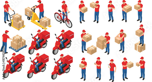 Isometric Delivery Worker and Courier Icon Set with Box Handling, Motorbike Shipping, and Warehouse Logistics for E-Commerce and Supply Chain Design