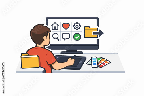 Designer creating and exporting icon set on computer illustration
