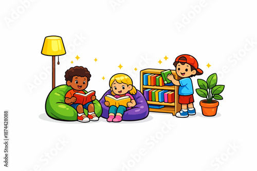 Kids reading books in cozy reading corner illustration