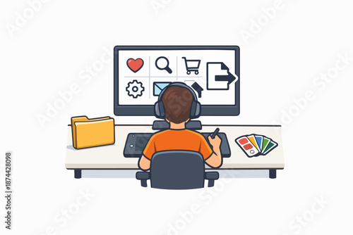 Designer creating and exporting icon set on computer illustration