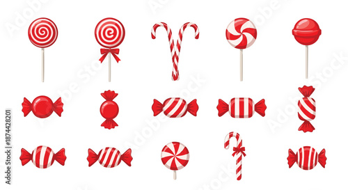 Assortment of classic red and white Christmas candies and lollipops on a clean white background for holiday design resources