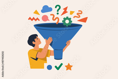 Man holding big funnel filtering ideas, information overload and decision making