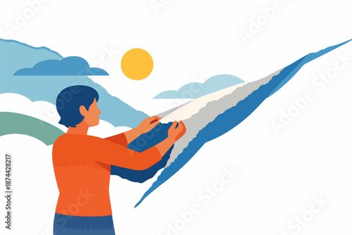 Man launching giant paper airplane, new idea and fresh start