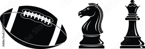 American football and chess strategy silhouette illustration, sports competition symbols with knight and queen pieces, black and white vector design for leadership concepts