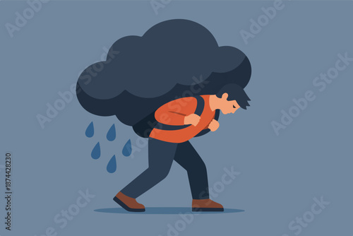 Man carrying heavy rain cloud, depression burden and stress load