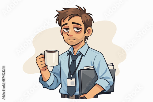Exhausted office worker holding coffee, burnout and overtime paperwork