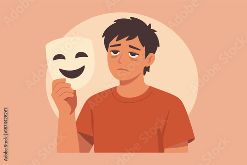 Sad man holding happy mask, hiding emotions and fake smile