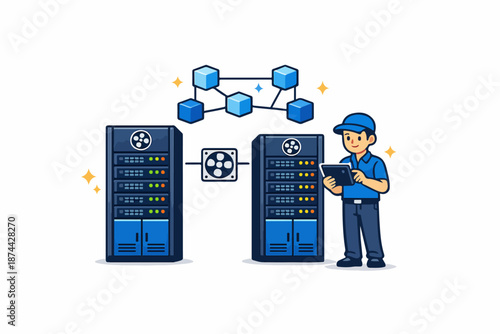 IT technician monitoring server racks, data center network and cloud systems