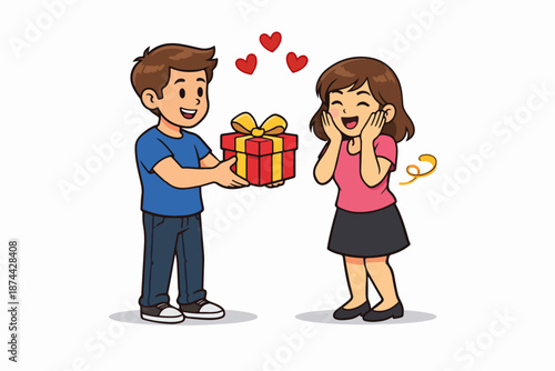 Boy giving gift box to happy girl, romantic surprise moment