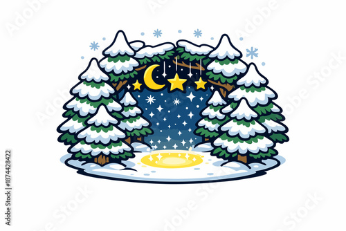 Magical winter forest clearing with moon and stars, snowy night scene