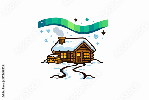 Northern lights over winter cabin, cozy night and aurora sky scene