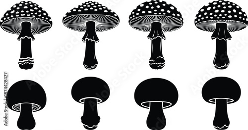 Black and white mushroom vector set, toadstool silhouettes collection, botanical fungi icons, minimalist nature illustration, forest mushroom design, vintage style graphic
