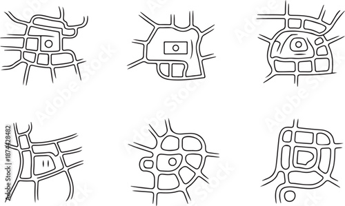 City Map Navigation and Urban Street Layout Icons. Set of Road Networks, Grid Systems, and Town Planning Outlines