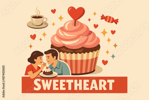 Vintage sweetheart cupcake poster with romantic couple and sparkles