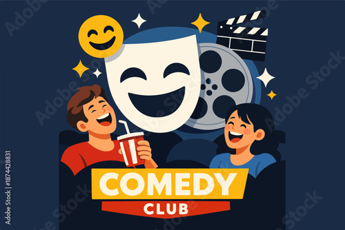 Night comedy show in cinema with laughing couple and theater mask, entertainment poster