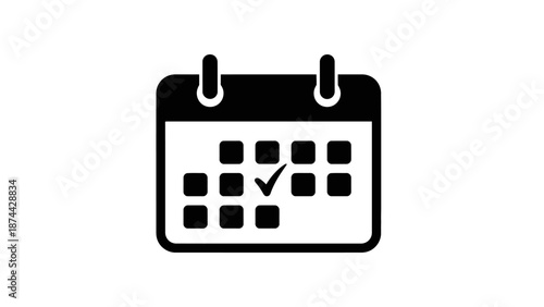 Black and White Calendar Icon with Checkmark Symbol.