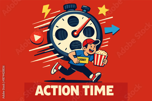 Action time movie concept with running kid holding ticket and popcorn, dynamic cinema poster