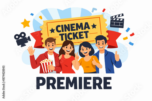 Film premiere event banner with happy group and popcorn, flat illustration