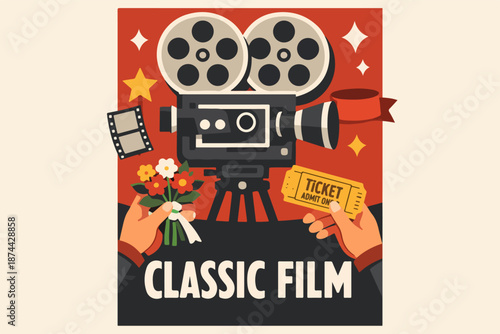 Classic film poster with vintage movie camera, ticket and flowers, retro cinema concept