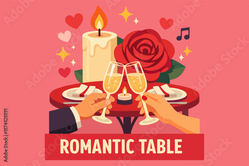 Romantic table toast with champagne glasses, candle and red rose, valentines dinner illustration