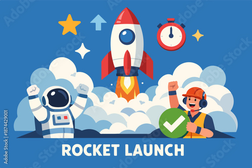 Rocket launch celebration with astronaut and ground crew cheering in clouds, space startup illustration