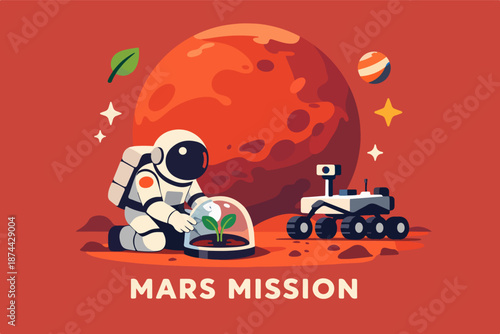 Mars mission concept with astronaut planting seed dome and rover on red planet, sci fi illustration
