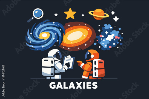 Galaxies exploration concept with astronauts analyzing star systems and cosmic objects, space illustration
