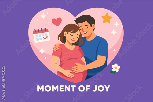 Moment of joy pregnancy announcement with loving couple and heart background, maternity illustration