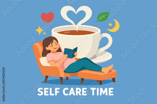 Self care time concept with relaxing woman reading book and giant coffee cup, cozy illustration