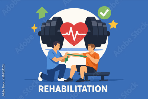Rehabilitation training with therapist assisting patient using resistance band, recovery illustration