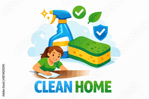 Eco cleaning supplies with spray bottle and sponge, woman wiping floor, flat illustration