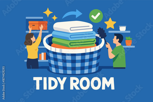 Tidy room organization with laundry basket and folded towels, flat illustration
