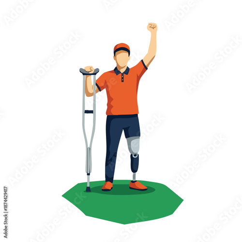 Victorious athlete with prosthetic limb celebrating triumph on a vibrant green patch of grass symbolizing achievement and resilience in sports and