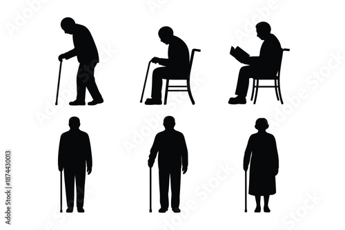 Collection of elderly people silhouettes in different poses