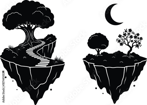 Fantasy floating island vector illustration, surreal nature landscape with trees stairs moon, mystical black silhouette dream world design isolated on white