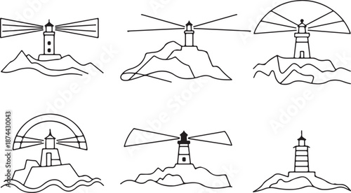 Lighthouse Line art. Maritime Beacons, Ocean Cliffs, and Light Beam Outlines