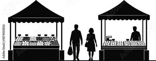 Farmers market silhouette vector illustration, outdoor fruit and vegetable stalls with shoppers walking, street market scene, black and white minimalist design