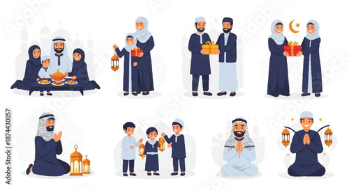 Flat illustration set of a Muslim family enjoying Iftar together in traditional attire with warm lighting and a festive mood against a clean white background.