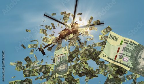 Vászonkép Paraguay 100 guarani PYG 100000 banknotes helicopter money dropping 3d illustrat