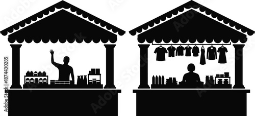 Outdoor street market stalls silhouette illustration, vendors selling food and clothing at retail booths, black and white vector design for local marketplace commerce concept