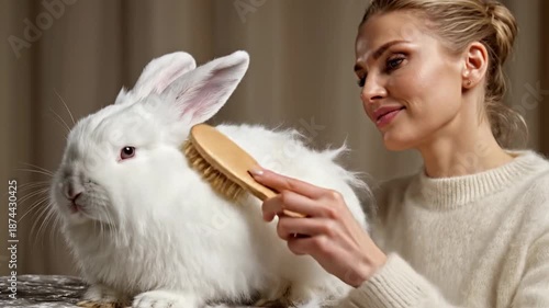Woman Brushing a Fluffy White Rabbit with a Wooden Brush.