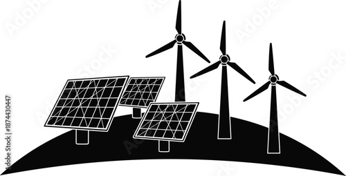 Renewable energy vector illustration, solar panels and wind turbines power generation concept, sustainable green technology landscape, black silhouette eco friendly design