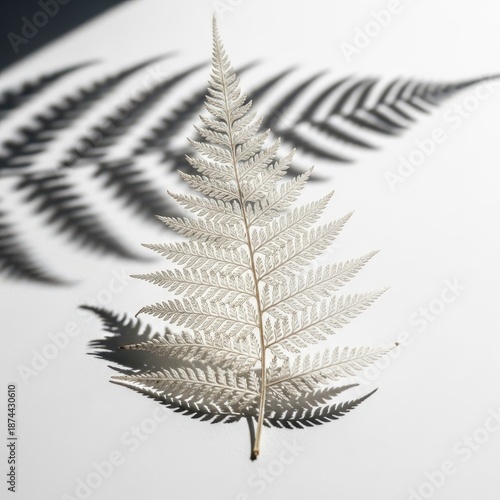 A delicate, bleached fern frond rests on a minimalist white surface, creating soft shadows and emphasizing the intricate structure of the leaf, backdrop, soft, space