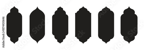 Old mosque windows shape in oriental style. Islamic door set, flat arabic frames or arabian arches silhouette. Muslim architecture geometric design elements, moroccan minimal arcs. Ramadan kareem gate