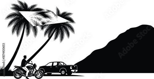 Tropical road travel silhouette illustration, palm trees with motorcycle and car near island mountain landscape, black and white vector design